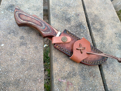10" Damascus Bowie Knife – Wooden Handle with Leather Sheath