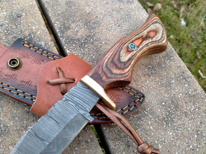 10" Damascus Bowie Knife – Wooden Handle with Leather Sheath