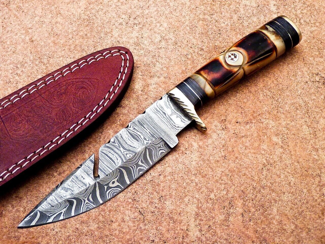 10" Heritage Forge Handmade Damascus Steel Bowie Hunting Knife | Camel Bone & Wood Handle