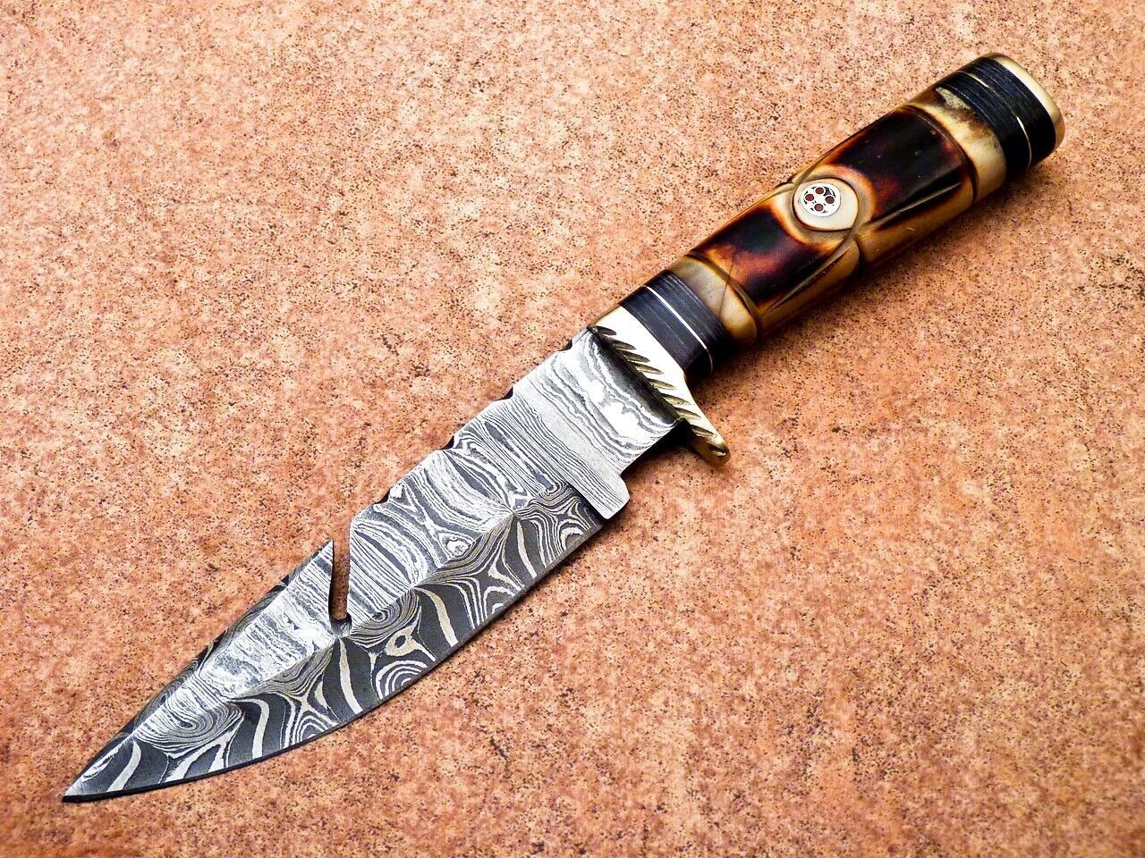 10" Heritage Forge Handmade Damascus Steel Bowie Hunting Knife | Camel Bone & Wood Handle