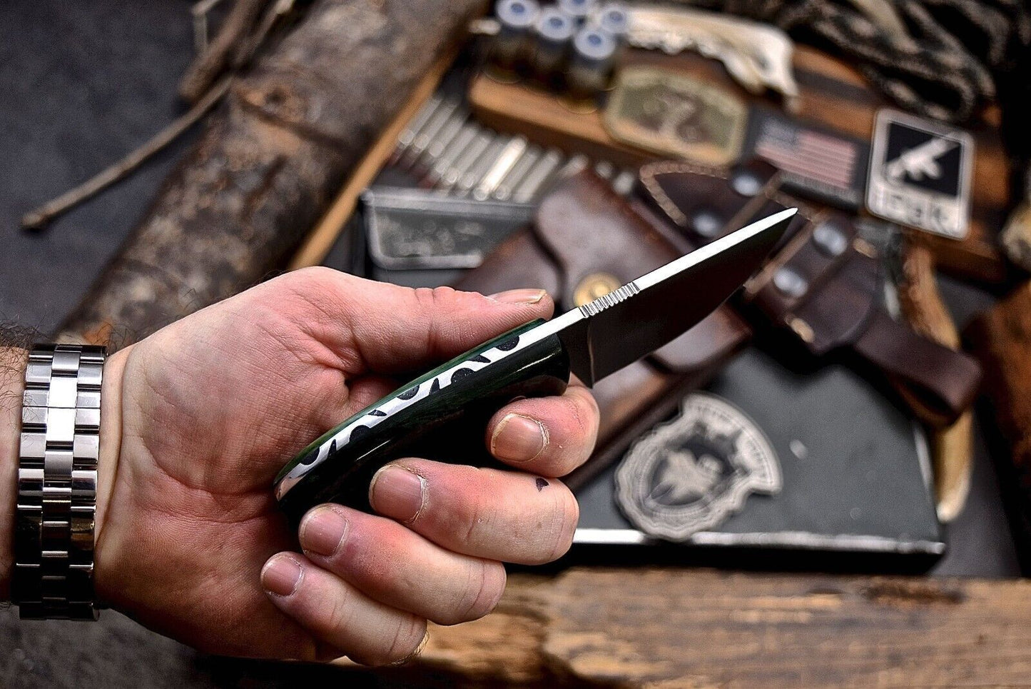 Handmade AUS-8 Steel Skinner Knife | Green Camel Bone Handle | Small Hunting & EDC Sport Knife