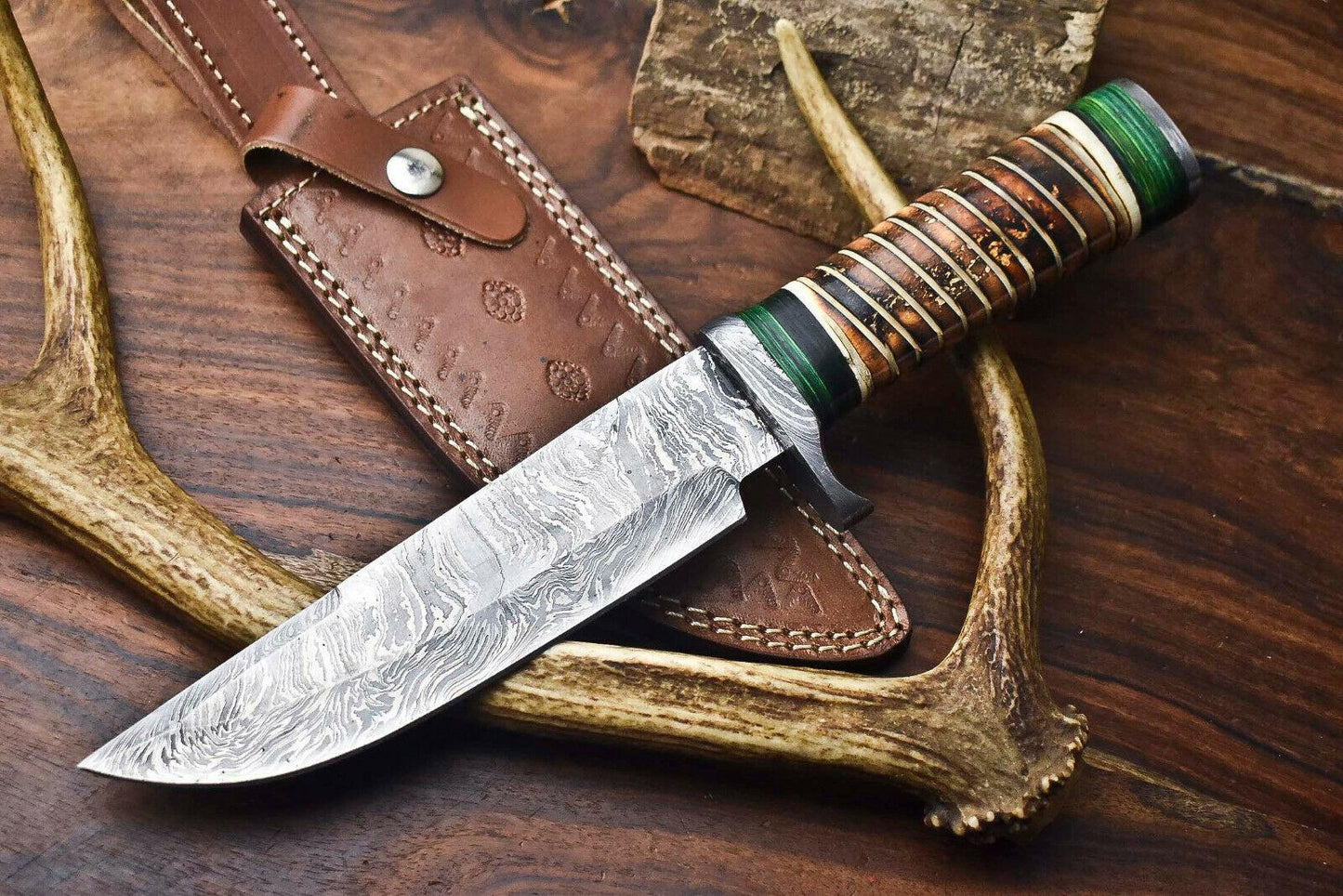 Heritage Forge 12.5" Custom Damascus Steel Bowie Knife with Camel Bone Handle