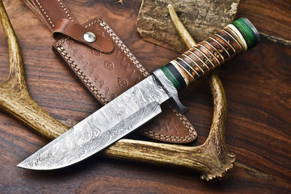 Heritage Forge 12.5" Custom Damascus Steel Bowie Knife with Camel Bone Handle