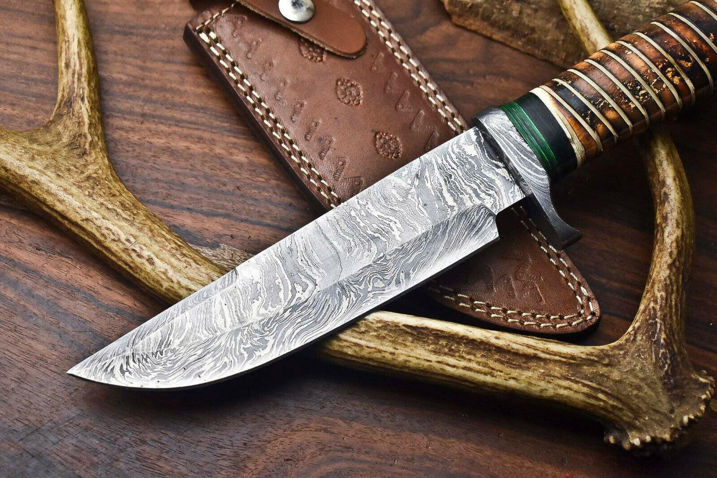 Heritage Forge 12.5" Custom Damascus Steel Bowie Knife with Camel Bone Handle