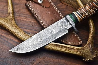 Heritage Forge 12.5" Custom Damascus Steel Bowie Knife with Camel Bone Handle