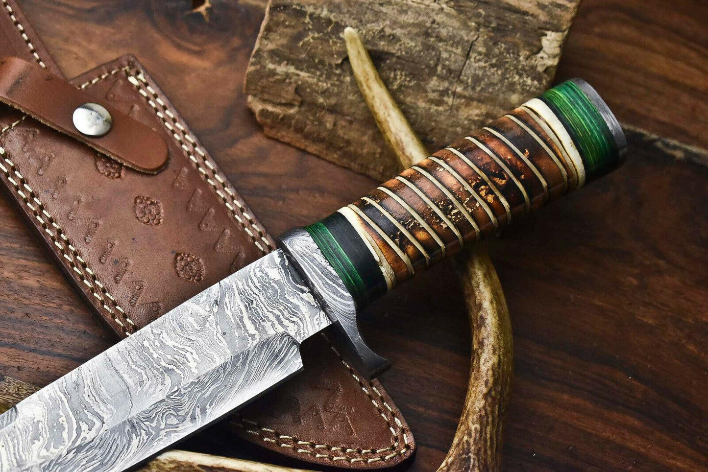 Heritage Forge 12.5" Custom Damascus Steel Bowie Knife with Camel Bone Handle
