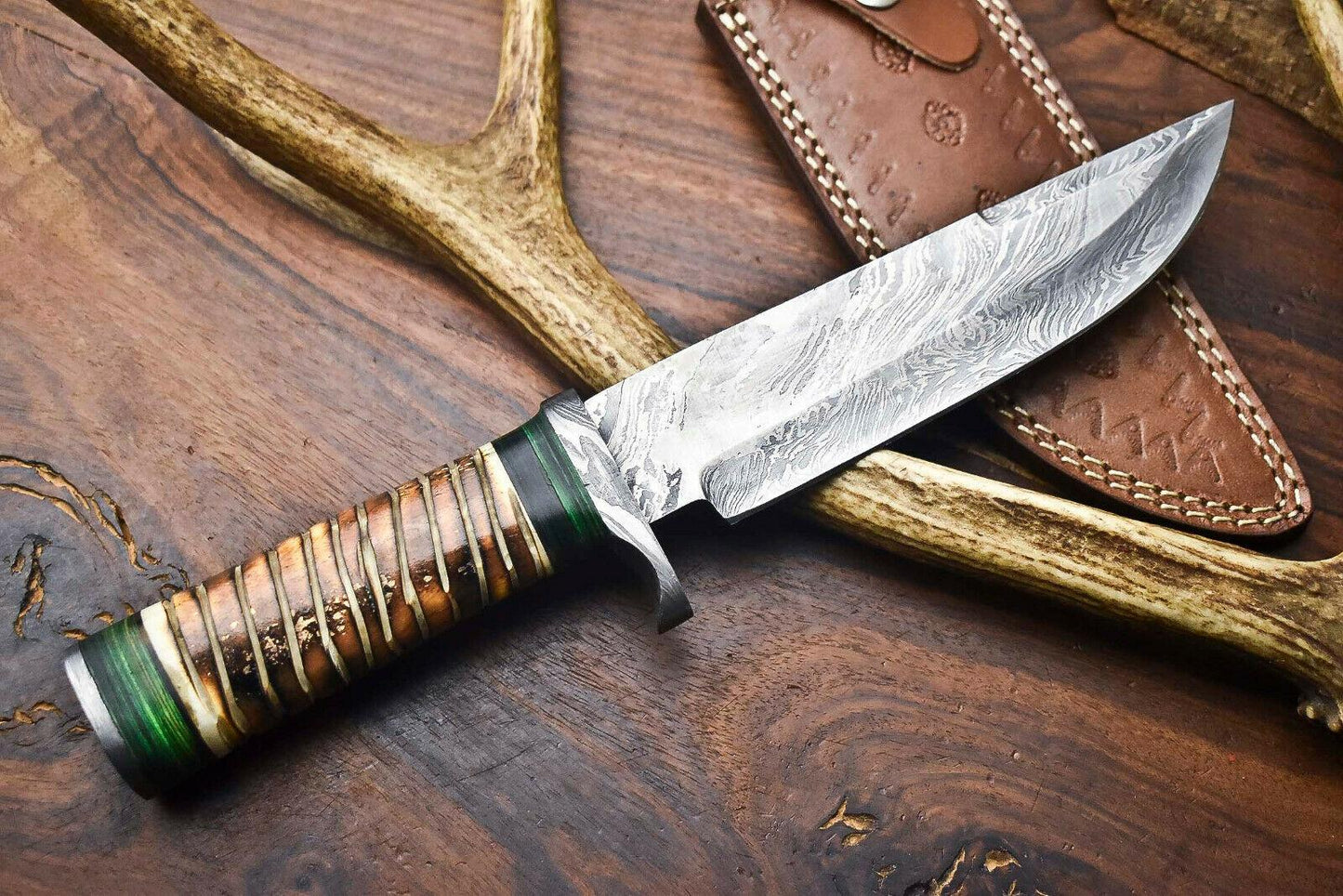 Heritage Forge 12.5" Custom Damascus Steel Bowie Knife with Camel Bone Handle