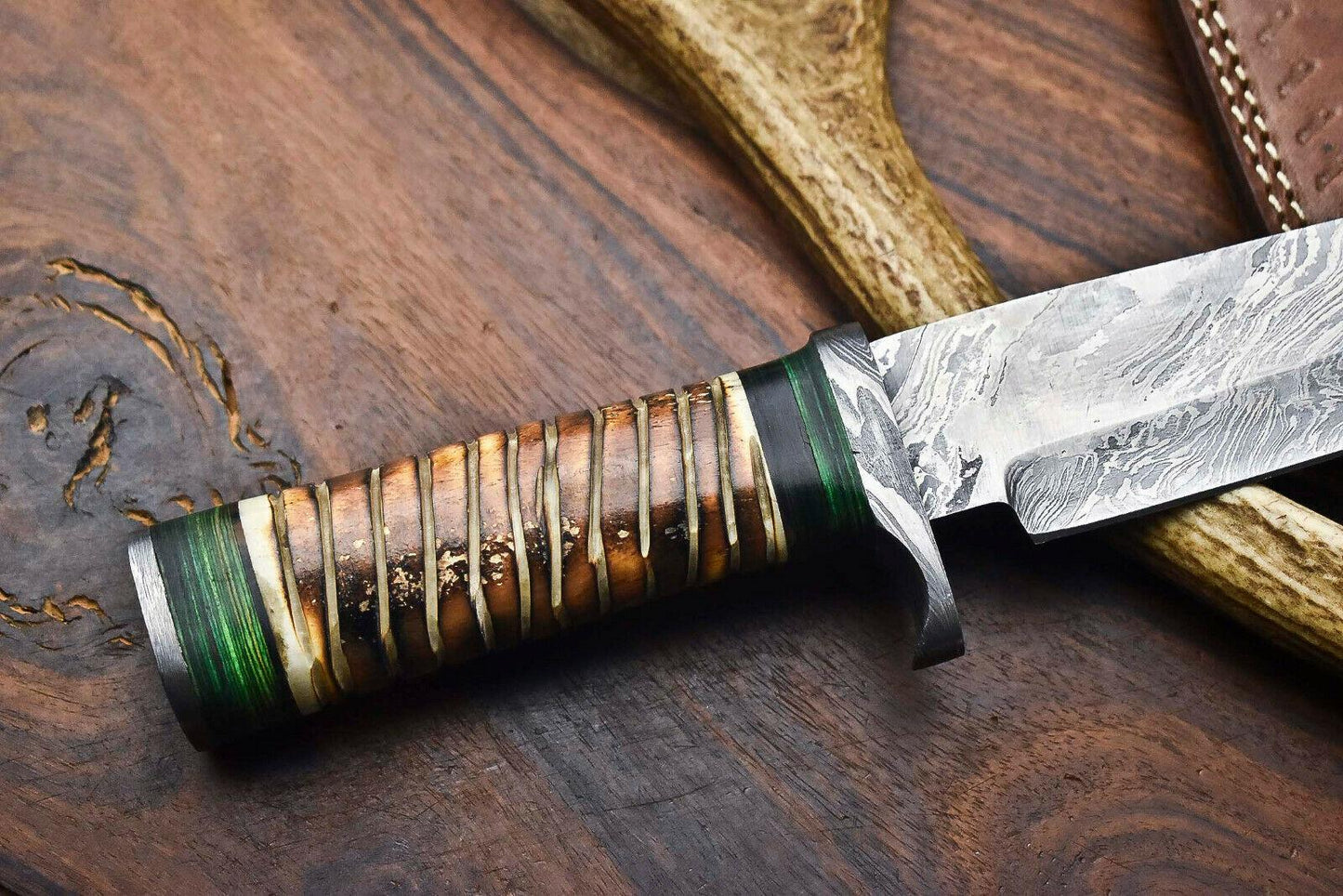Heritage Forge 12.5" Custom Damascus Steel Bowie Knife with Camel Bone Handle