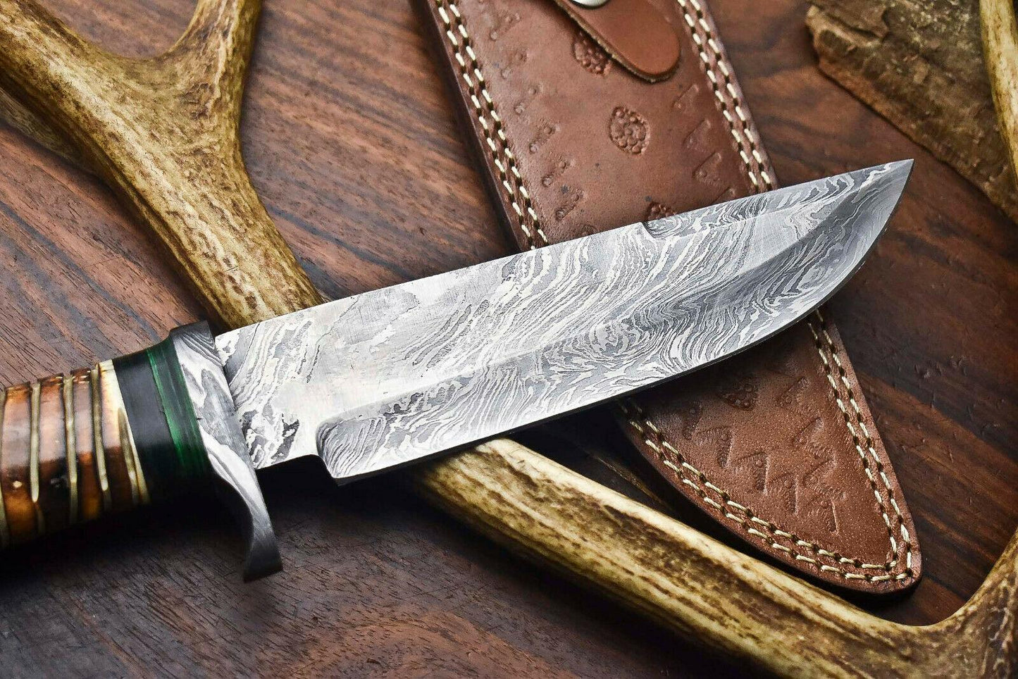 Heritage Forge 12.5" Custom Damascus Steel Bowie Knife with Camel Bone Handle