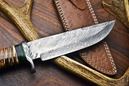Heritage Forge 12.5" Custom Damascus Steel Bowie Knife with Camel Bone Handle