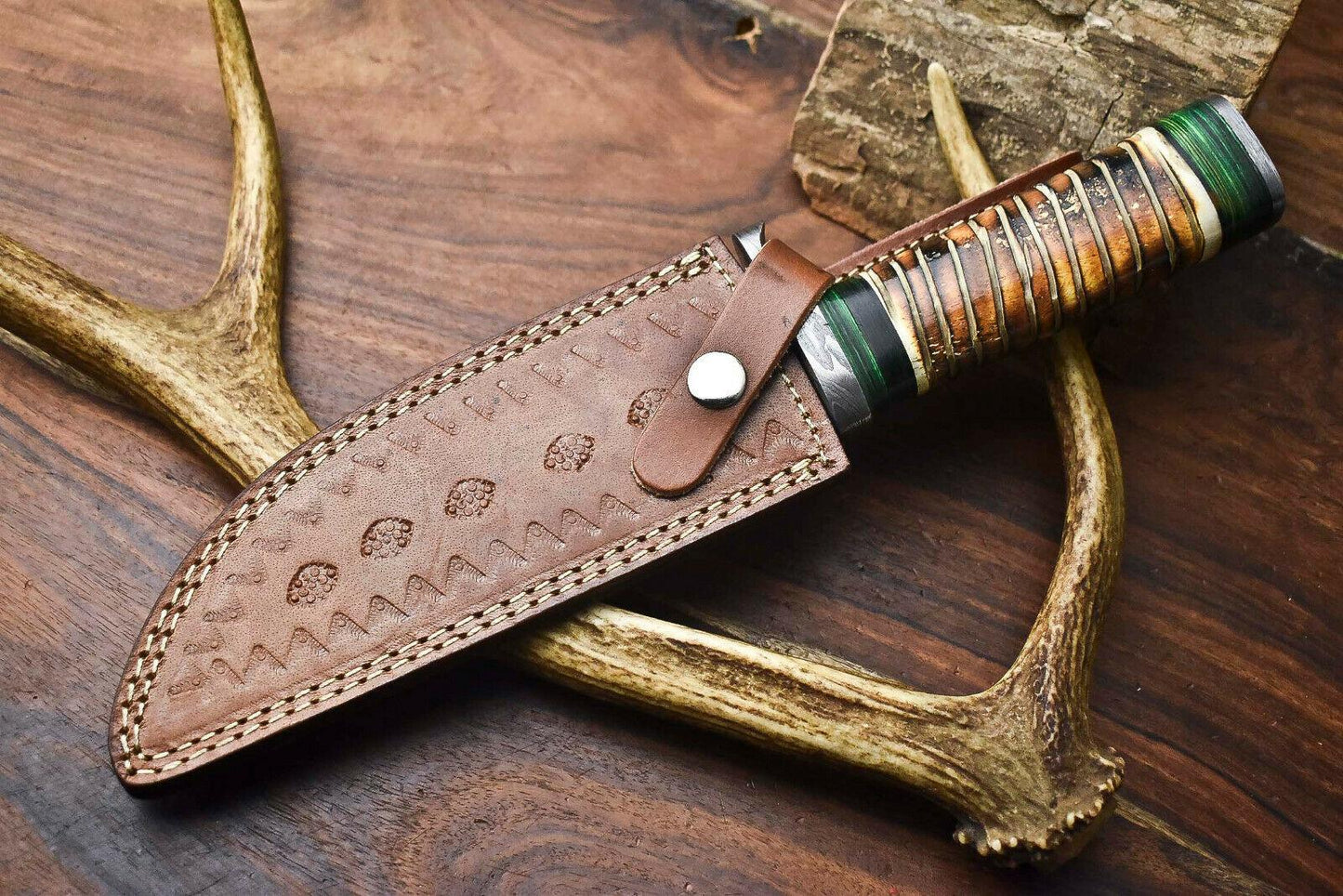 Heritage Forge 12.5" Custom Damascus Steel Bowie Knife with Camel Bone Handle
