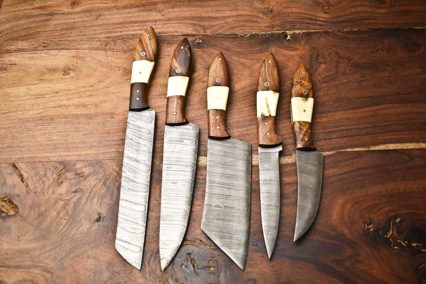 Custom Lot of 5 Rare Handmade Damascus Steel Blade Chef Knife Set – 100% Handmade
