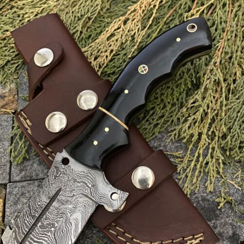 Heritage Forge 10 Inch Damascus Steel Tracker Knife with Buffalo Horn Handle and Leather Sheath