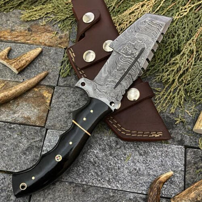 Heritage Forge 10 Inch Damascus Steel Tracker Knife with Buffalo Horn Handle and Leather Sheath
