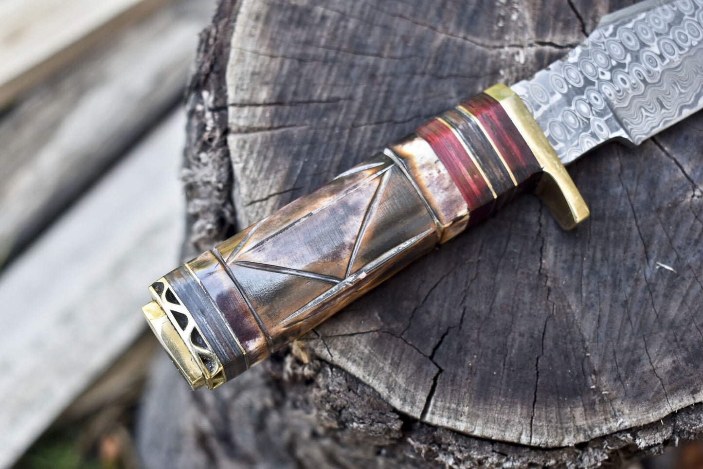 Rain Drop Damascus Bowie Knife with Bone Handle and Brass Guard Outdoor Use