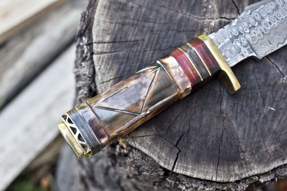 Rain Drop Damascus Bowie Knife with Bone Handle and Brass Guard Outdoor Use