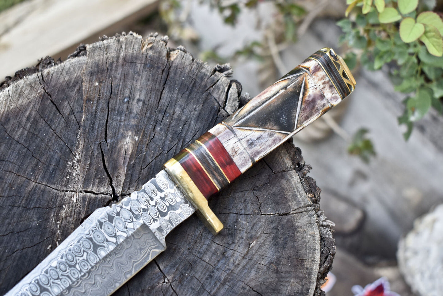 Rain Drop Damascus Bowie Knife with Bone Handle and Brass Guard Outdoor Use
