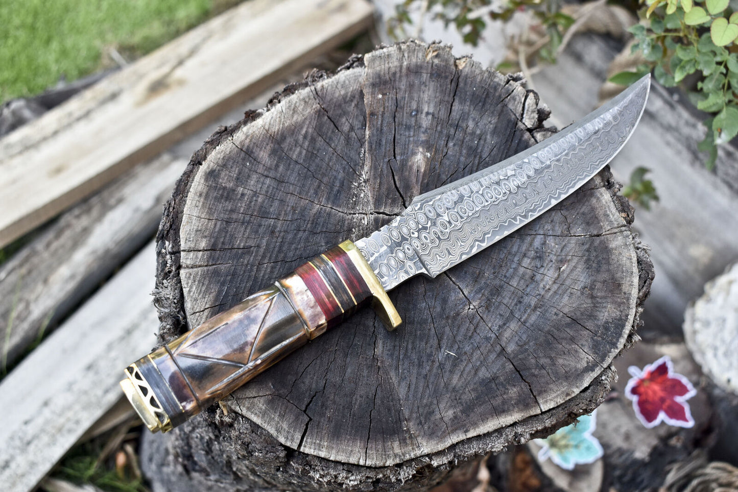 Rain Drop Damascus Bowie Knife with Bone Handle and Brass Guard Outdoor Use