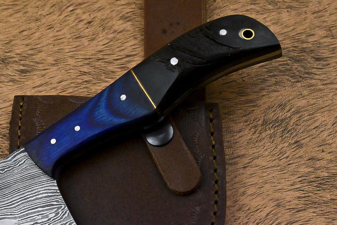 Handmade Damascus Steel Hunting Axe Knife Ram's Horn Handle Clever Chopper with Leather Sheath