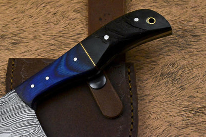 Handmade Damascus Steel Hunting Axe Knife Ram's Horn Handle Clever Chopper with Leather Sheath