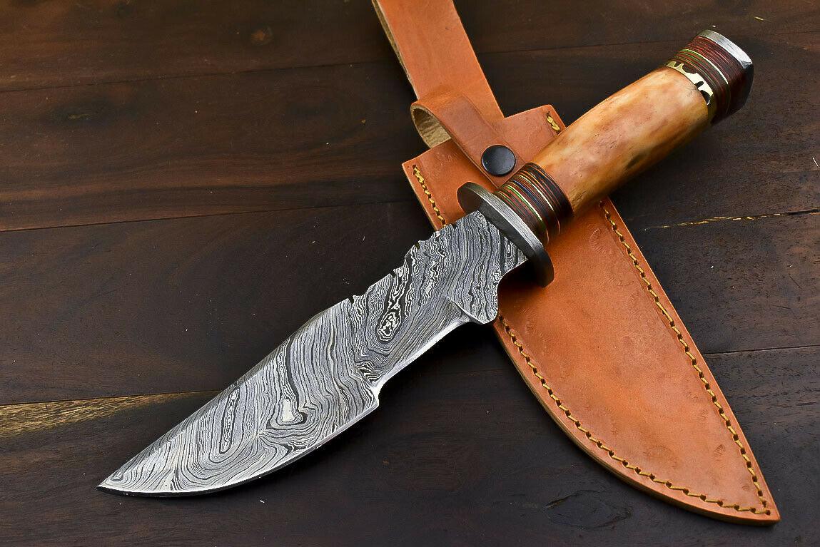 13" Handmade Damascus Steel Tanto Bowie Knife with Camel Bone Handle