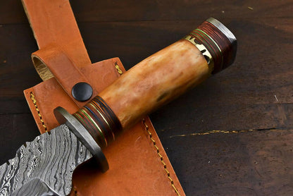 13" Handmade Damascus Steel Tanto Bowie Knife with Camel Bone Handle