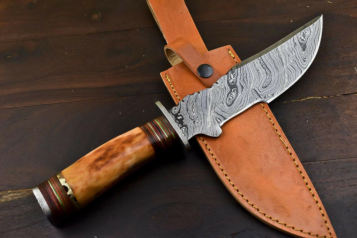 13" Handmade Damascus Steel Tanto Bowie Knife with Camel Bone Handle