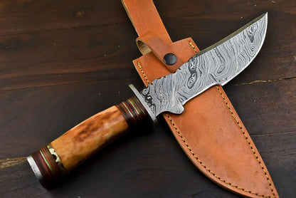 13" Handmade Damascus Steel Tanto Bowie Knife with Camel Bone Handle