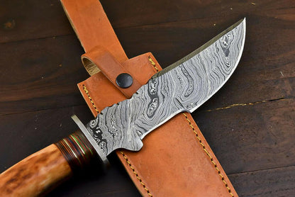 13" Handmade Damascus Steel Tanto Bowie Knife with Camel Bone Handle