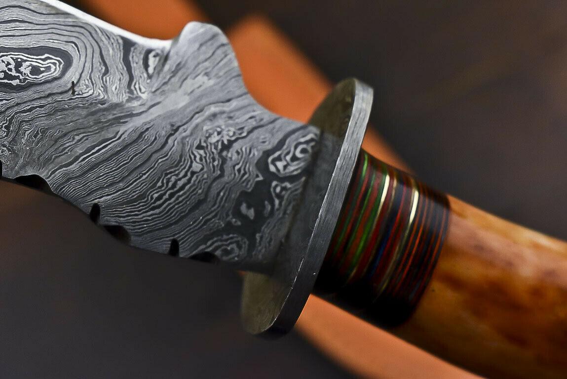 13" Handmade Damascus Steel Tanto Bowie Knife with Camel Bone Handle