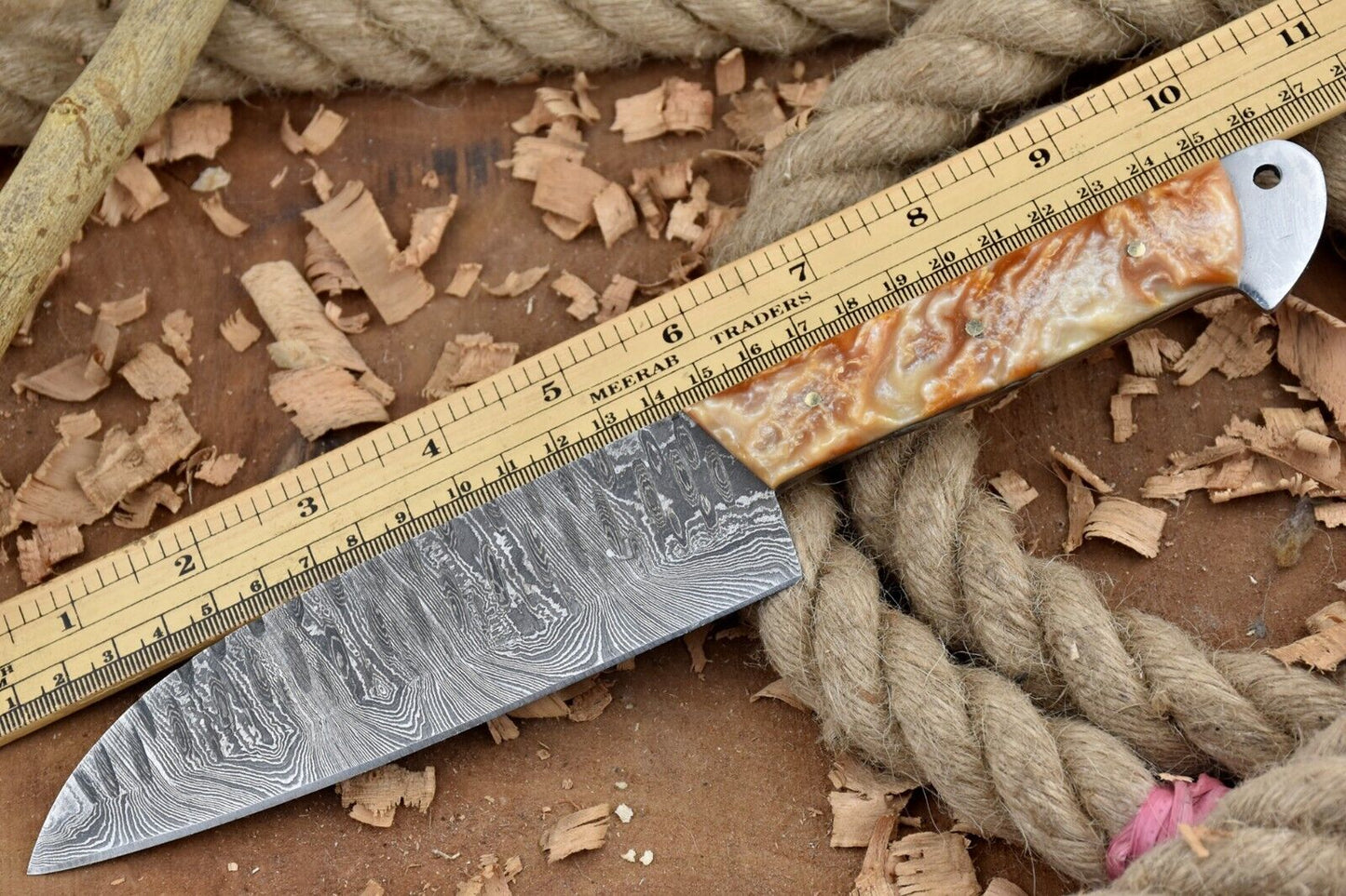 Custom Handmade Damascus Steel Chef Knife with Resin Handle & Leather Sheath