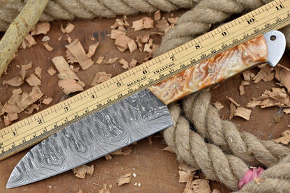 Custom Handmade Damascus Steel Chef Knife with Resin Handle & Leather Sheath