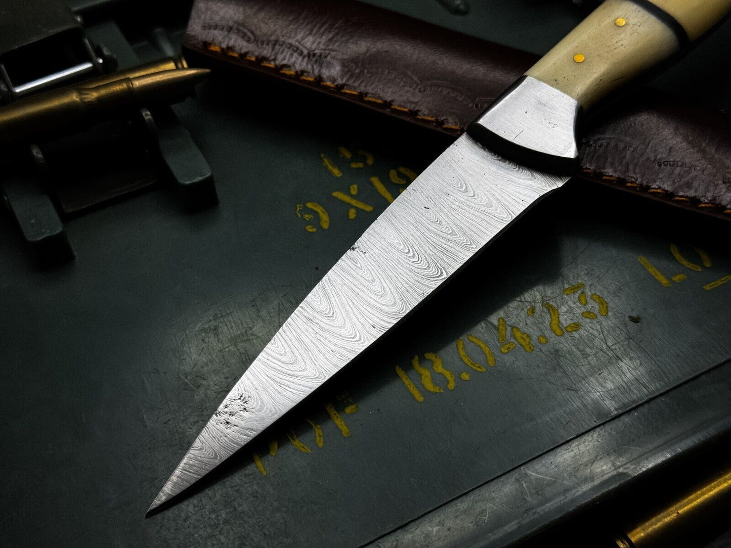 Handmade Damascus Steel Hunting Kitchen Chef Knife – Bone Handle with Leather Sheath
