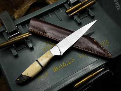 Handmade Damascus Steel Hunting Kitchen Chef Knife – Bone Handle with Leather Sheath