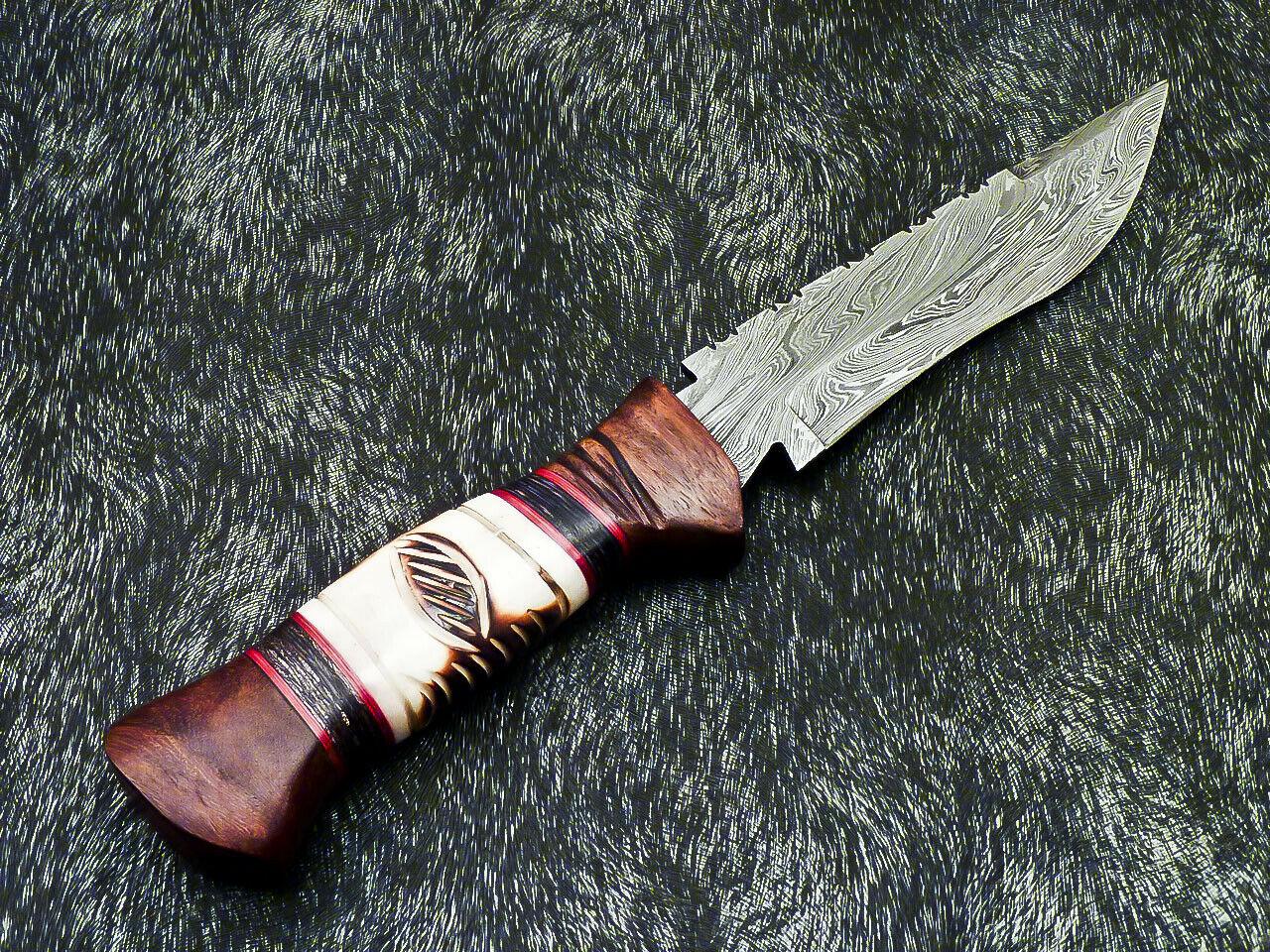 Hand Forged Damascus 11" Bowie Hunting Knife | Camel Bone Handle