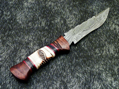 Hand Forged Damascus 11" Bowie Hunting Knife | Camel Bone Handle