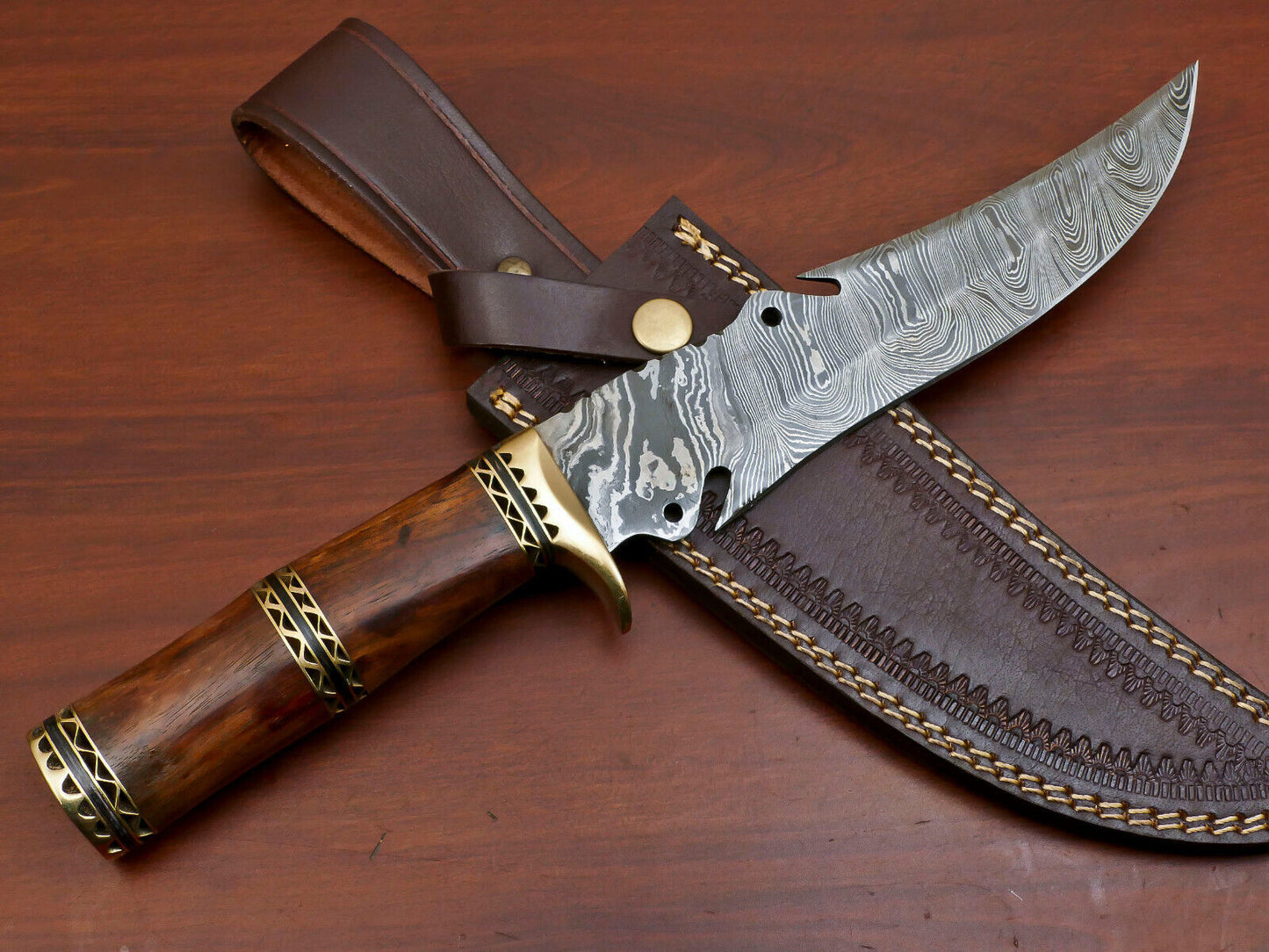 13" Handmade Damascus Bowie Knife with Rosewood Handle & Brass Guard