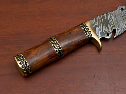 13" Handmade Damascus Bowie Knife with Rosewood Handle & Brass Guard