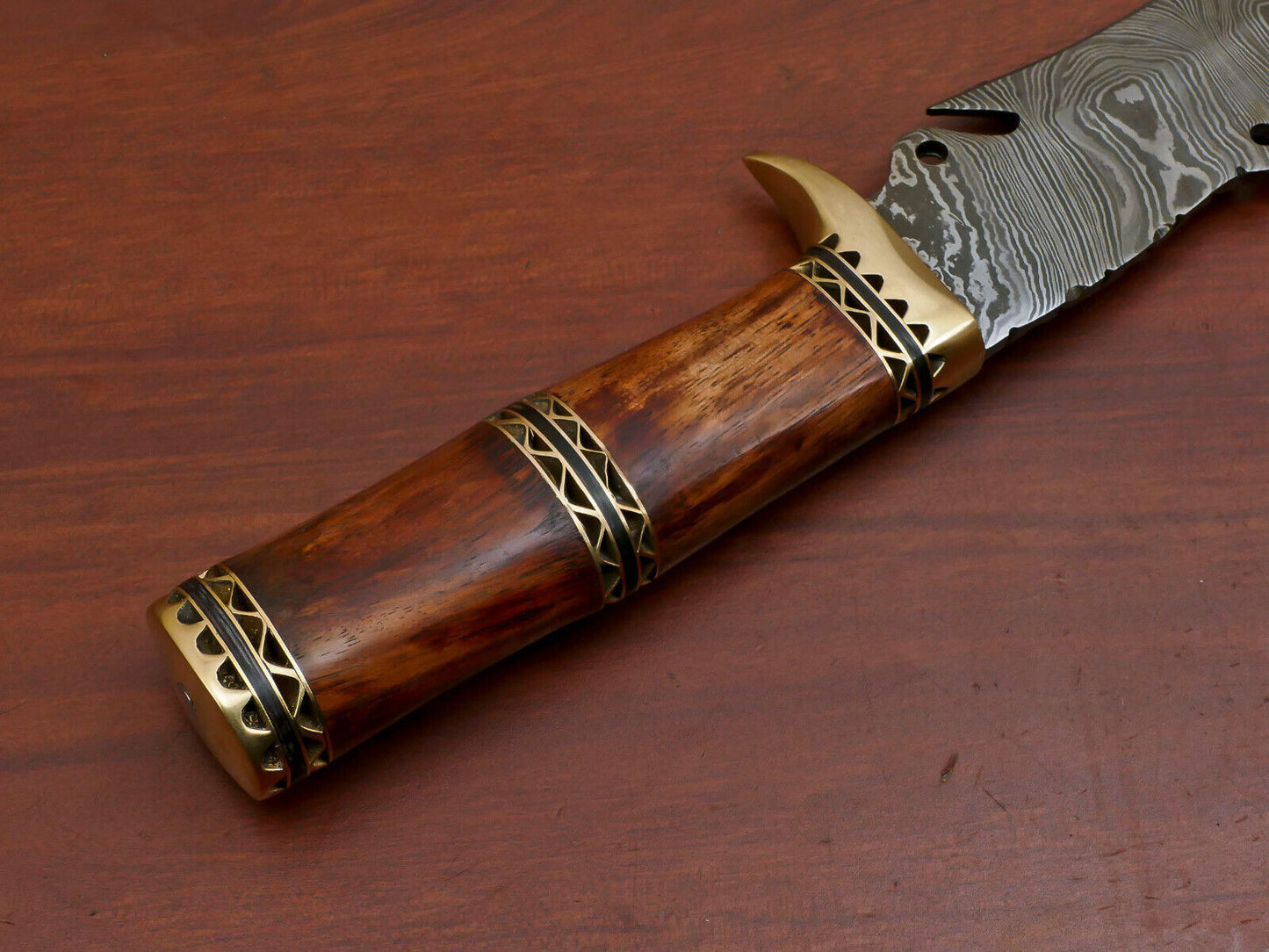 13" Handmade Damascus Bowie Knife with Rosewood Handle & Brass Guard