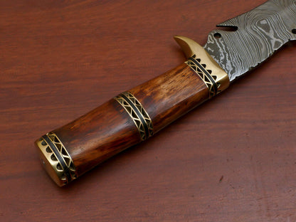 13" Handmade Damascus Bowie Knife with Rosewood Handle & Brass Guard