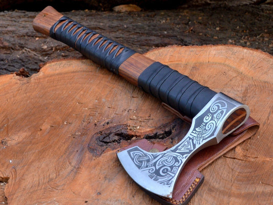 Handmade Replica Viking Axe Bearded Carbon Steel Tomahawk with Solid Wood Handle and Leather Sheath