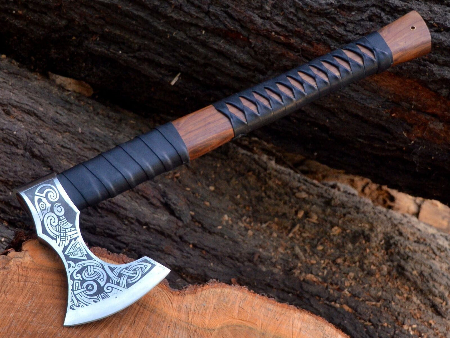 Handmade Replica Viking Axe Bearded Carbon Steel Tomahawk with Solid Wood Handle and Leather Sheath