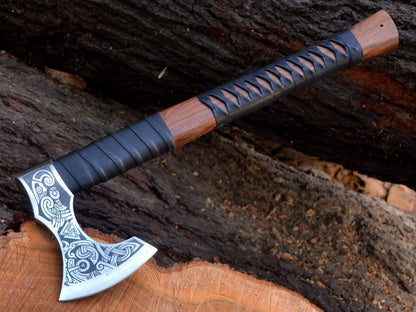 Handmade Replica Viking Axe Bearded Carbon Steel Tomahawk with Solid Wood Handle and Leather Sheath