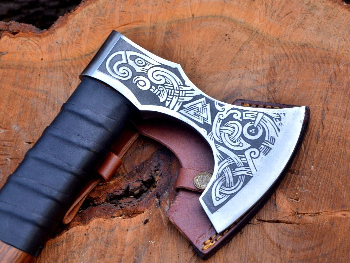 Handmade Replica Viking Axe Bearded Carbon Steel Tomahawk with Solid Wood Handle and Leather Sheath