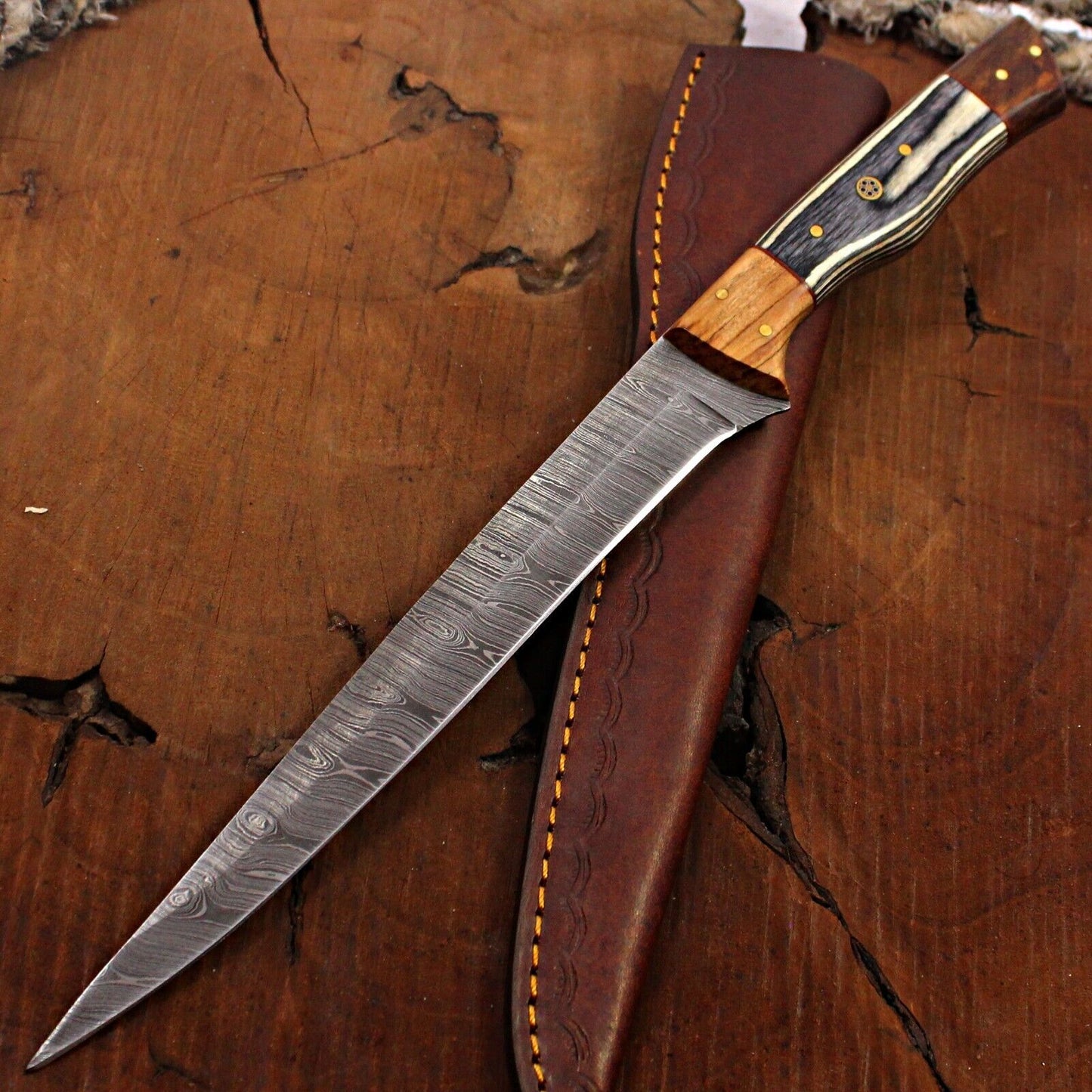 14" Damascus Fillet Knife Handmade Brisket Chef Fixed Blade with Sheath