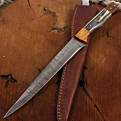 14" Damascus Fillet Knife Handmade Brisket Chef Fixed Blade with Sheath