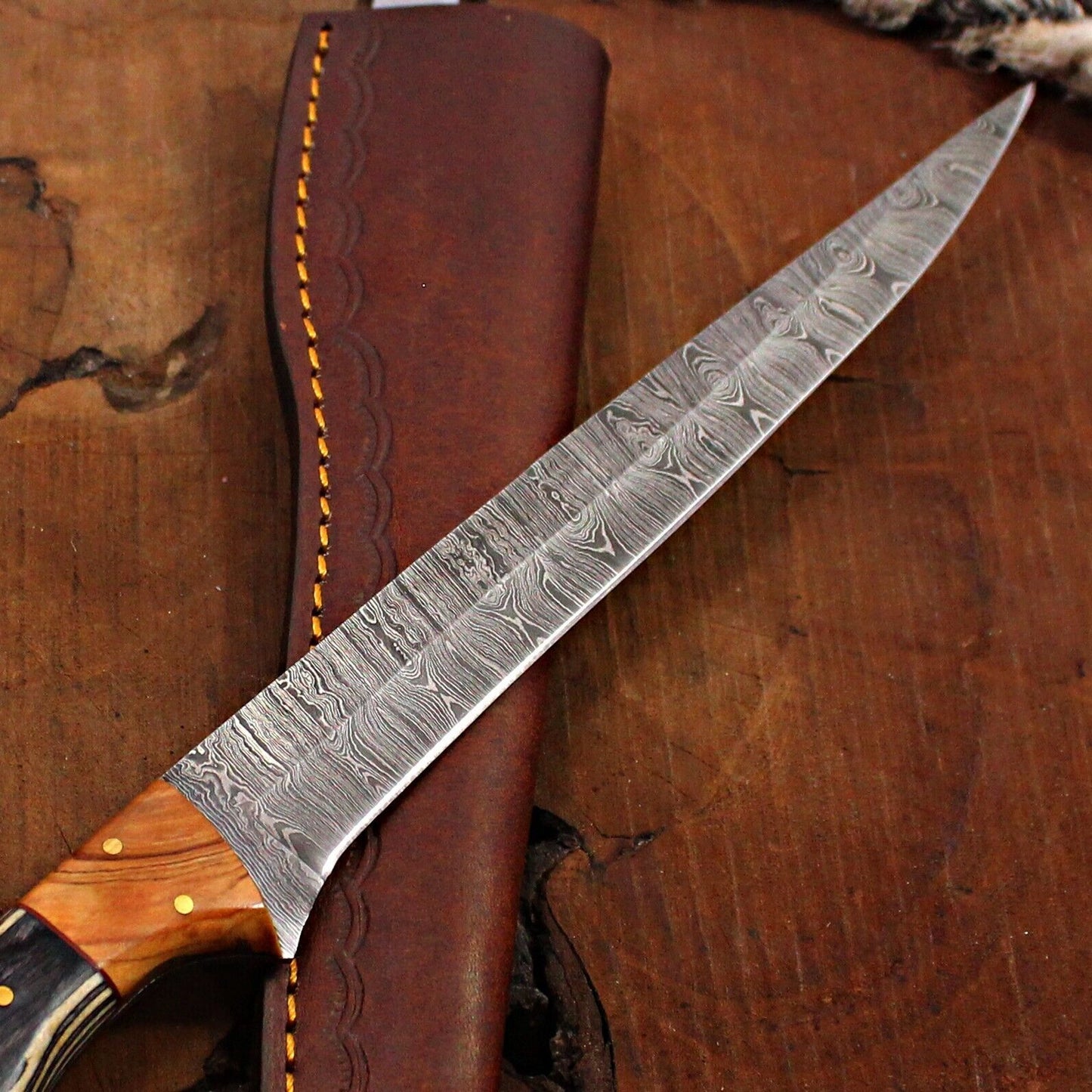 14" Damascus Fillet Knife Handmade Brisket Chef Fixed Blade with Sheath