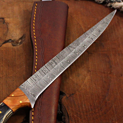 14" Damascus Fillet Knife Handmade Brisket Chef Fixed Blade with Sheath