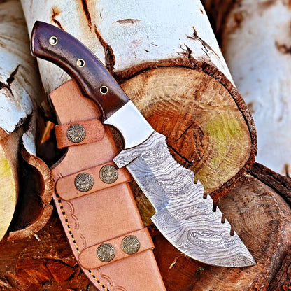 Custom Handmade Damascus Hunting Tracker Knife – Hand Forged Fixed Blade with Micarta Handle & Leather Sheath