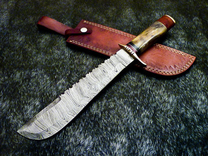 Authentic Hand Forged Damascus Bowie Hunting Knife – Stained Bone Handle, 15" Overall